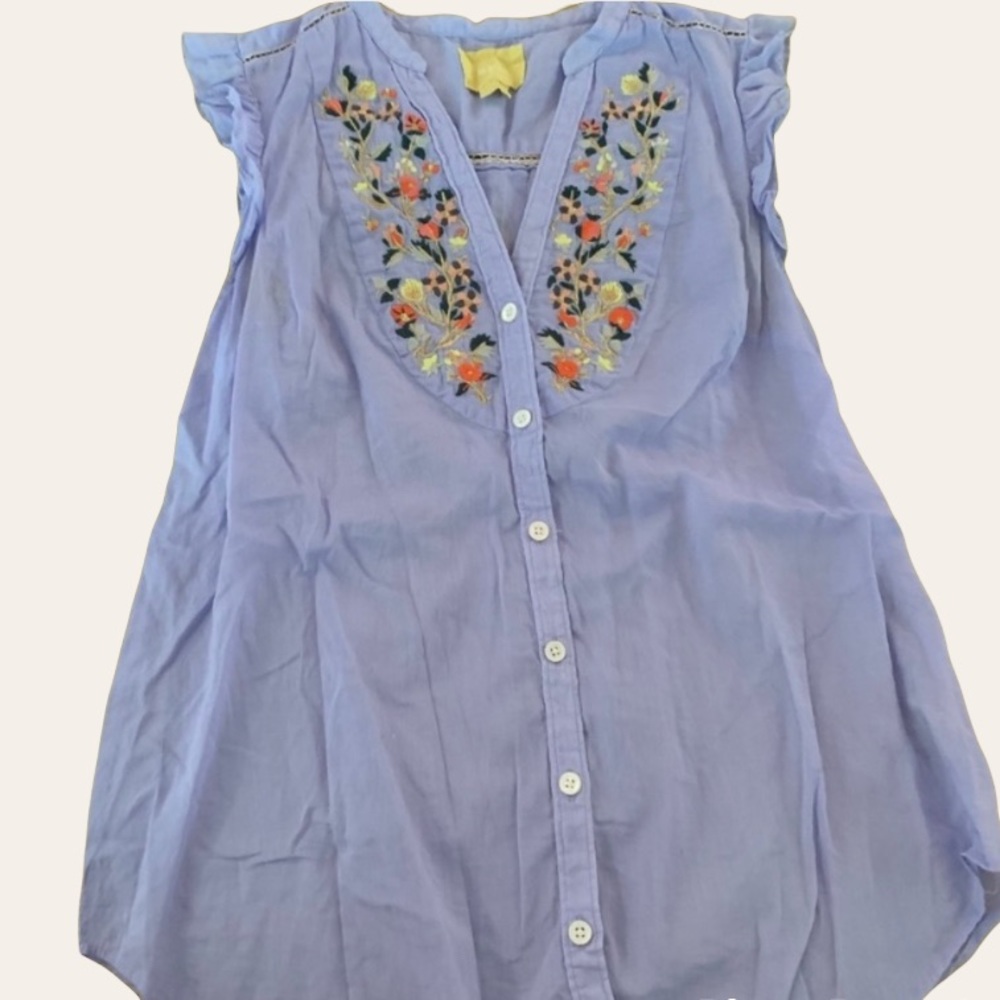 Anthropologie Blue Ruffle Embroidered Blouse